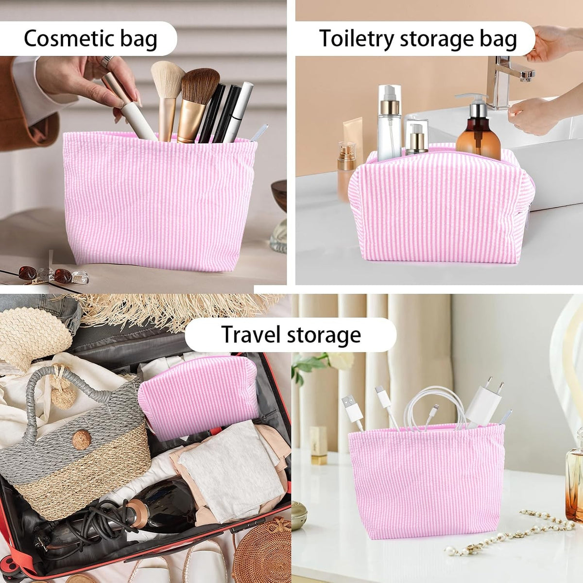 Pink Striped Makeup Bag Set for Women - Cosmetic and Travel Organizer