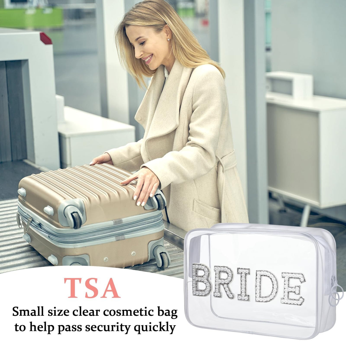 Clear Bridal Makeup Bag with Pearls and Rhinestone Patches - Wedding Travel Organizer