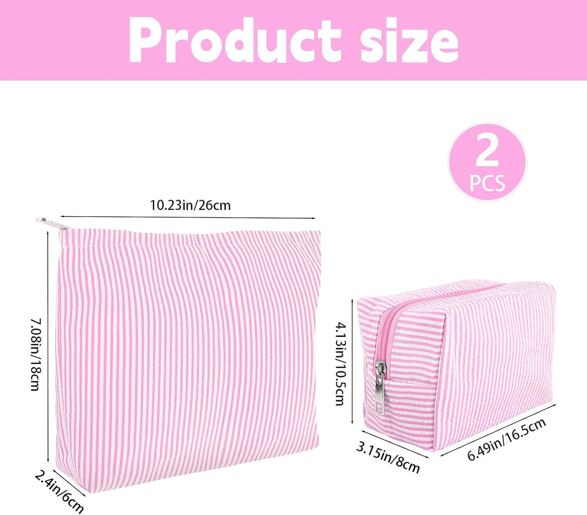 Pink Striped Makeup Bag Set for Women - Cosmetic and Travel Organizer