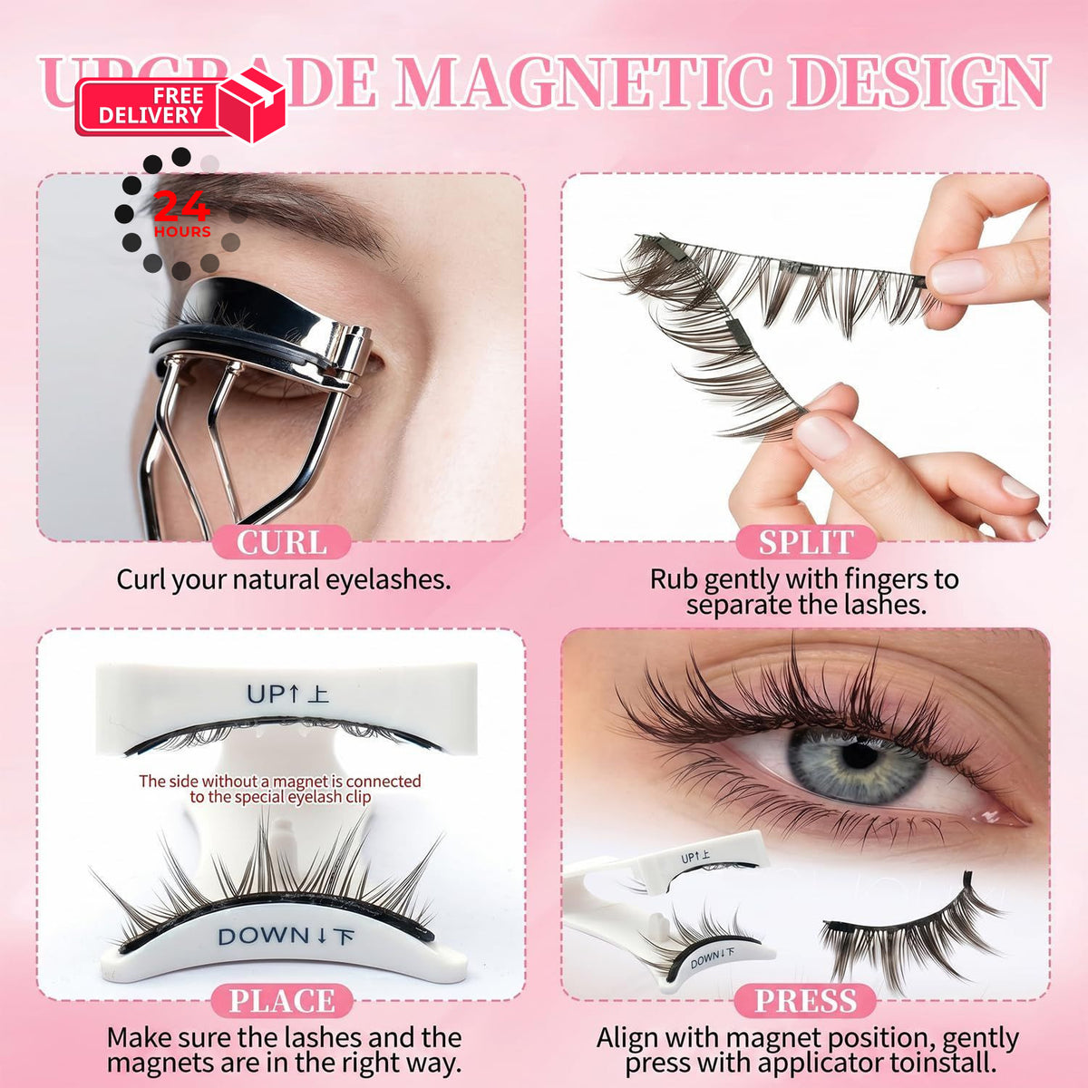 Magnetic False Eyelashes with Applicator - Natural 3D Fluffy Look, Pack of 1