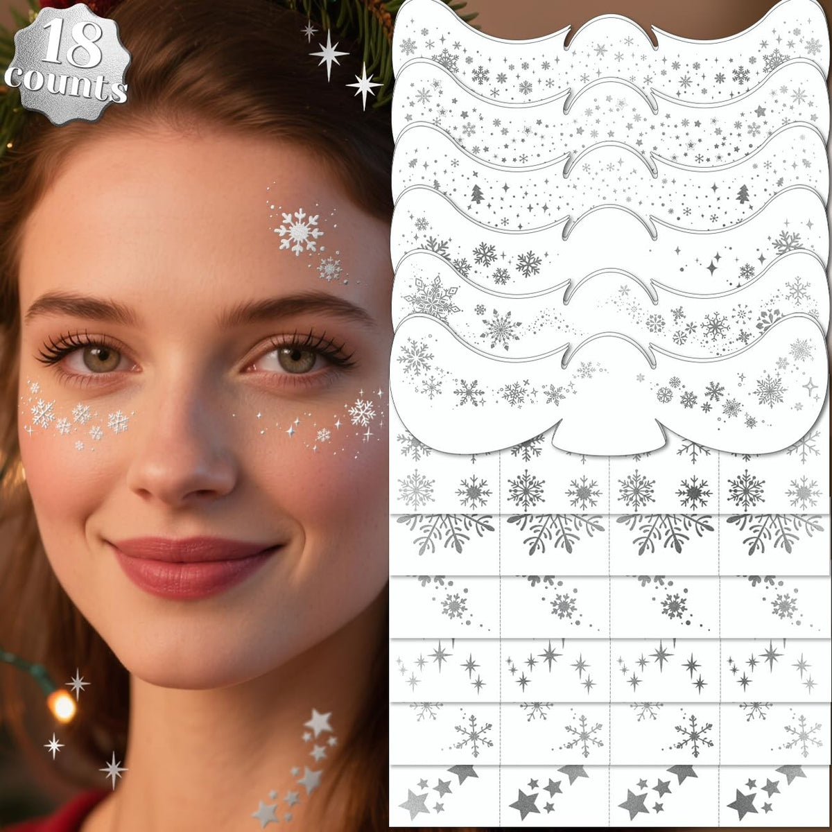 Glitter Snowflake Face Tattoos - 18 Sheets Silver Festive Freckles Makeup