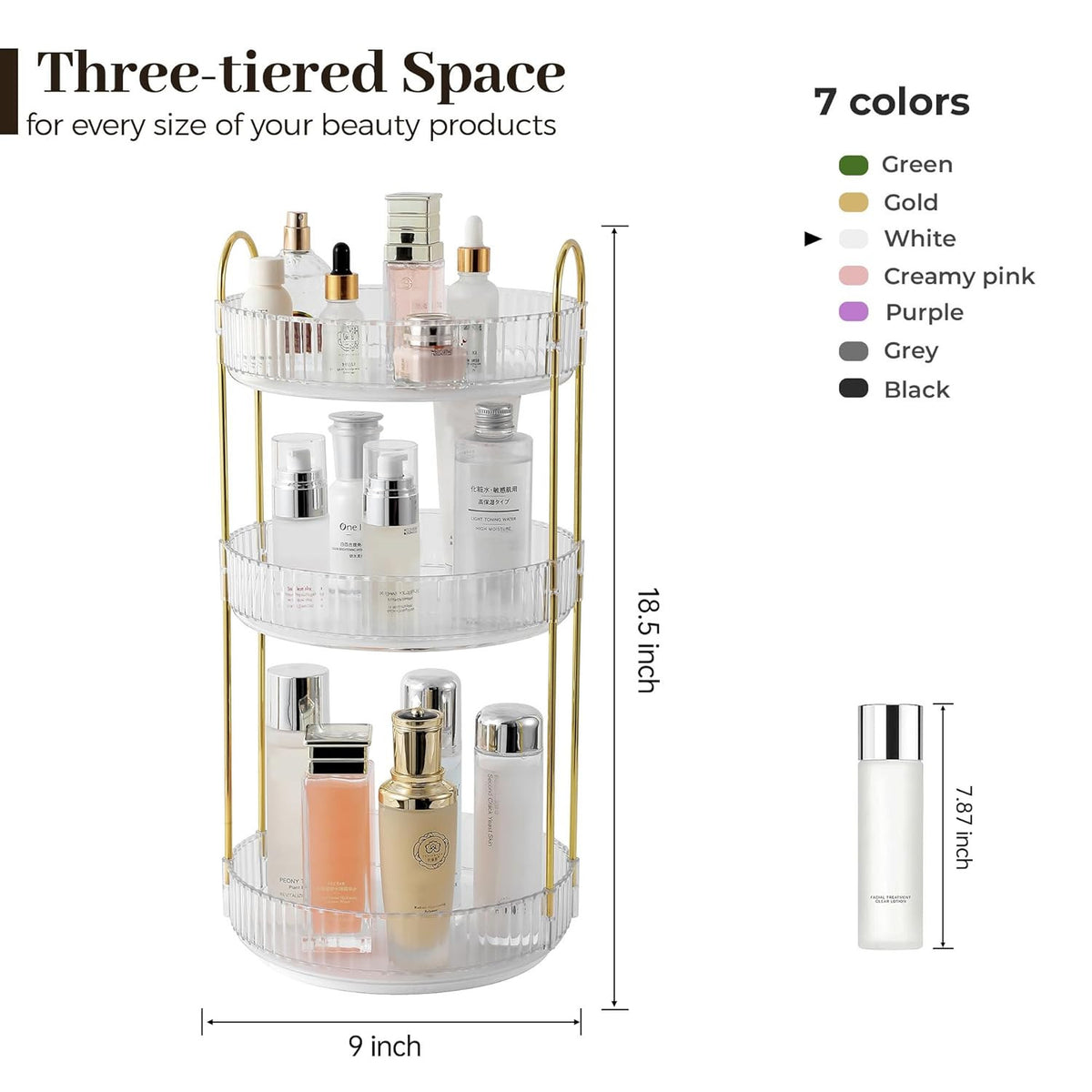 Rotating Makeup Organizer for Vanity - 3 Tier Perfume & Skincare Storage