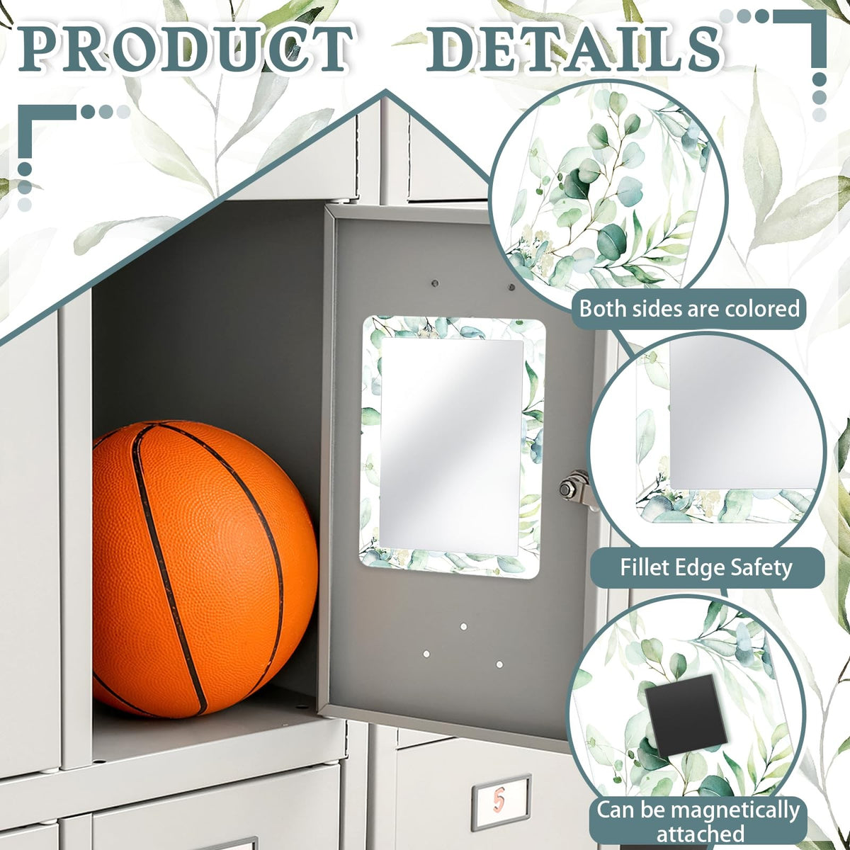 Magnetic Locker Mirror Set 7x5 Inch Green Flower & Leaf Design - Portable Makeup & Vanity Mirror