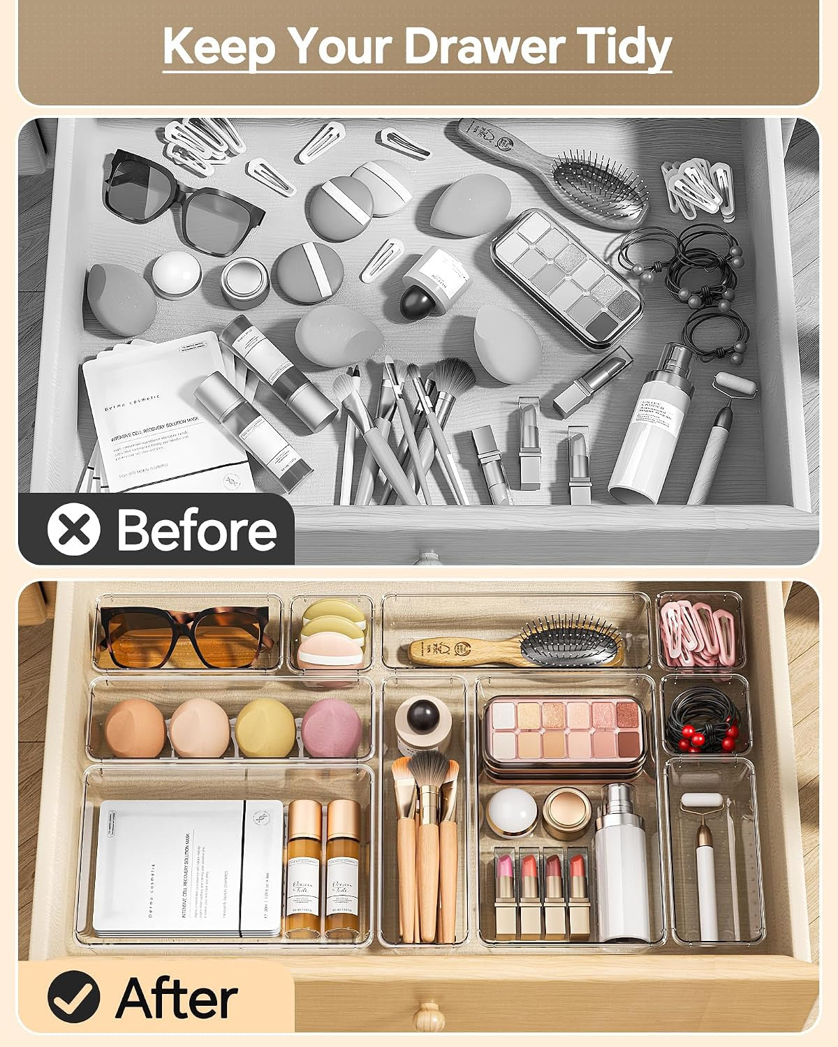 25 Pcs Plastic Drawer Organizer Set - Multi-Size Storage Bins for Makeup, Vanity, Kitchen & Office