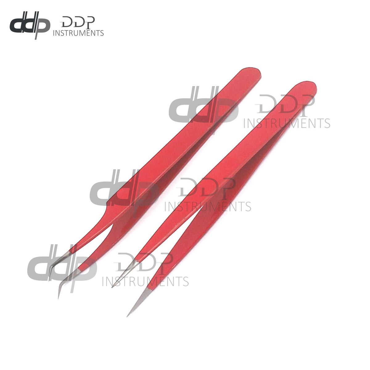 Eyelash Extensions Tweezers Set - Straight & Curved Tips, Red Stainless Steel