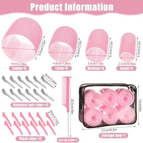 Self Grip Hair Rollers Set with Clips - 4 Sizes Pink, 50 Pieces