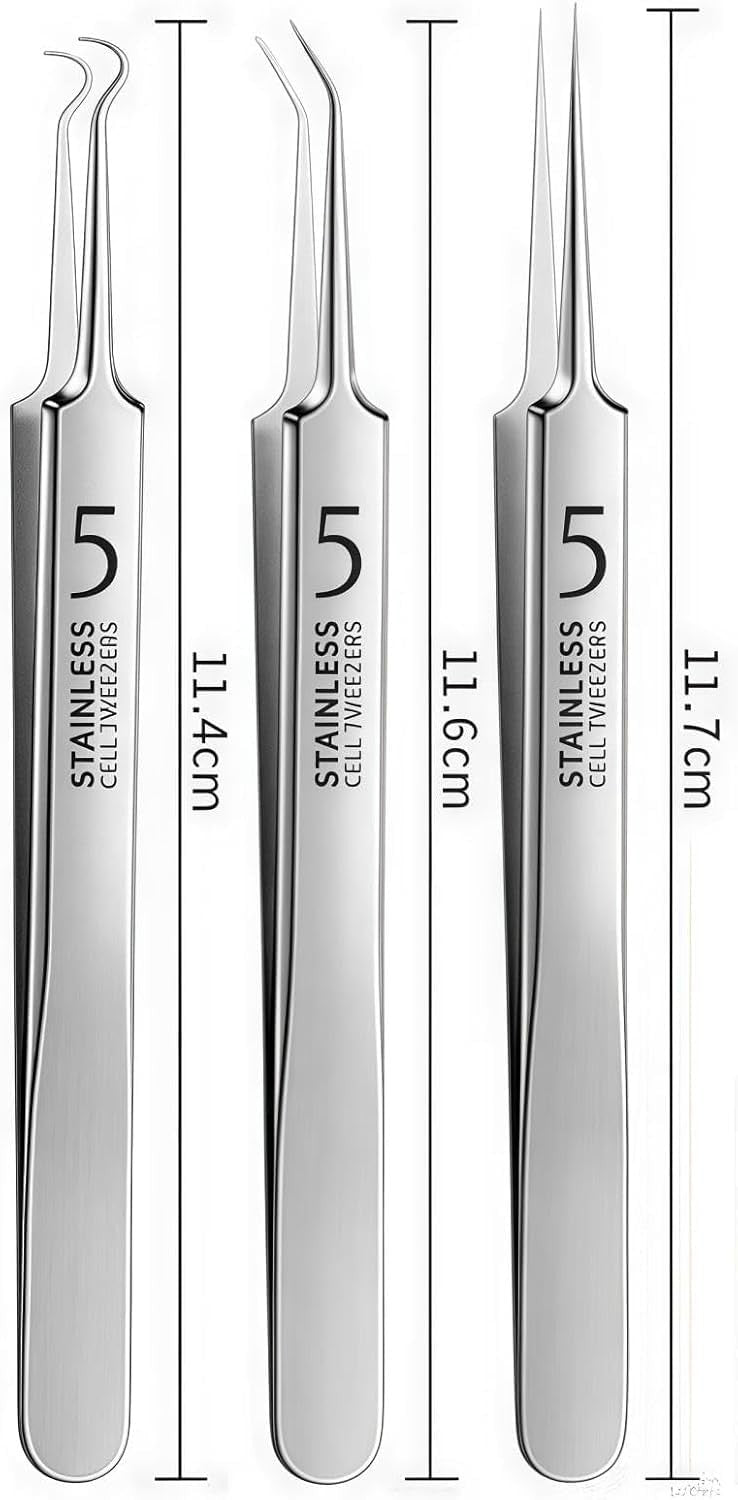 Professional Blackhead Removal Tweezers Set – 3 Silver Facial Blemish Extractors