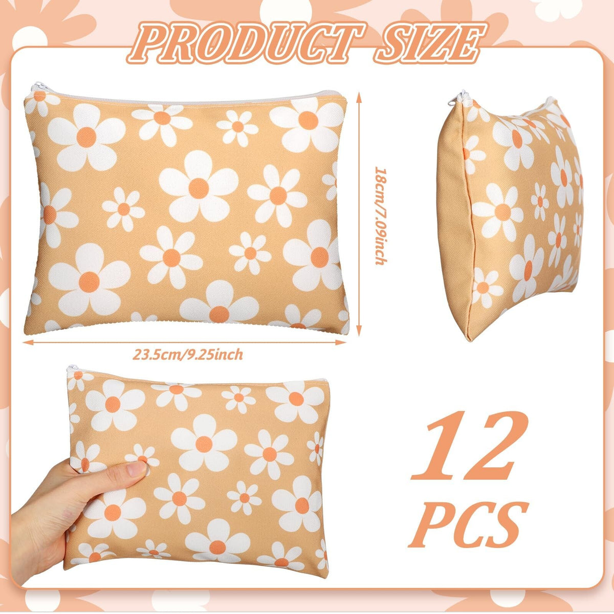 12 Pack Daisy Floral Makeup Bags Set - Portable Cosmetic Toiletry Organizer