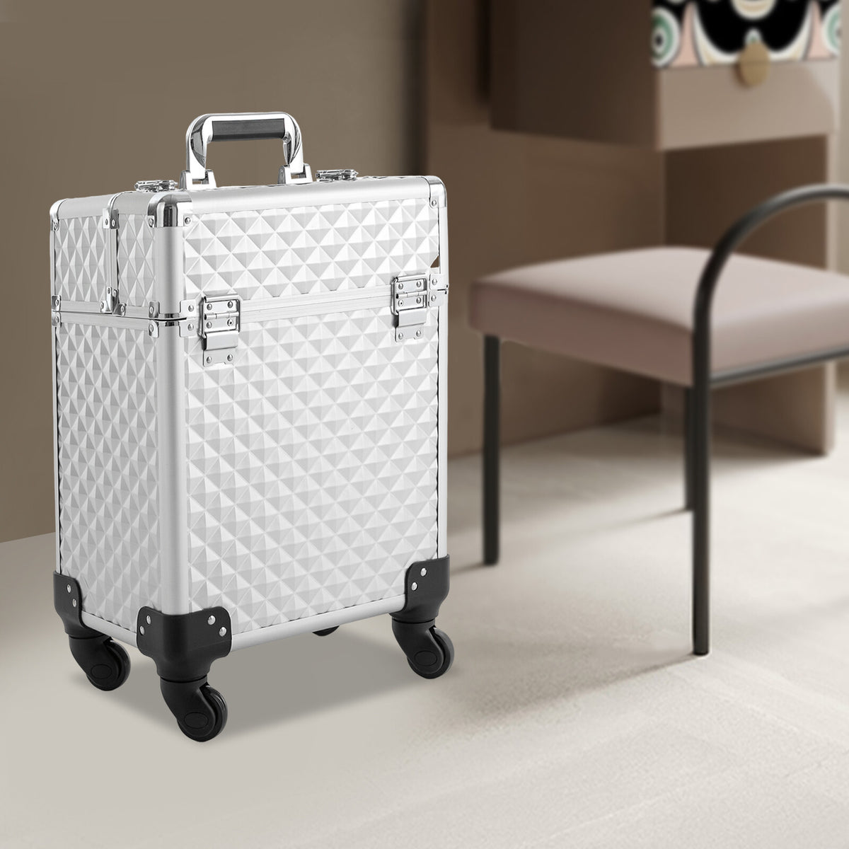 Silver Rolling Makeup Case with 2 Trays Lock & Wheels - Professional Organizer