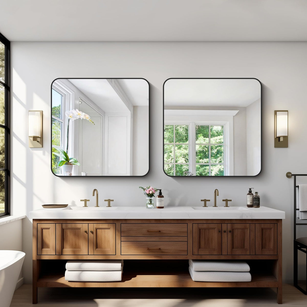 30x30 Inch Black Wall-Mounted Bathroom Mirror with Rounded Corners