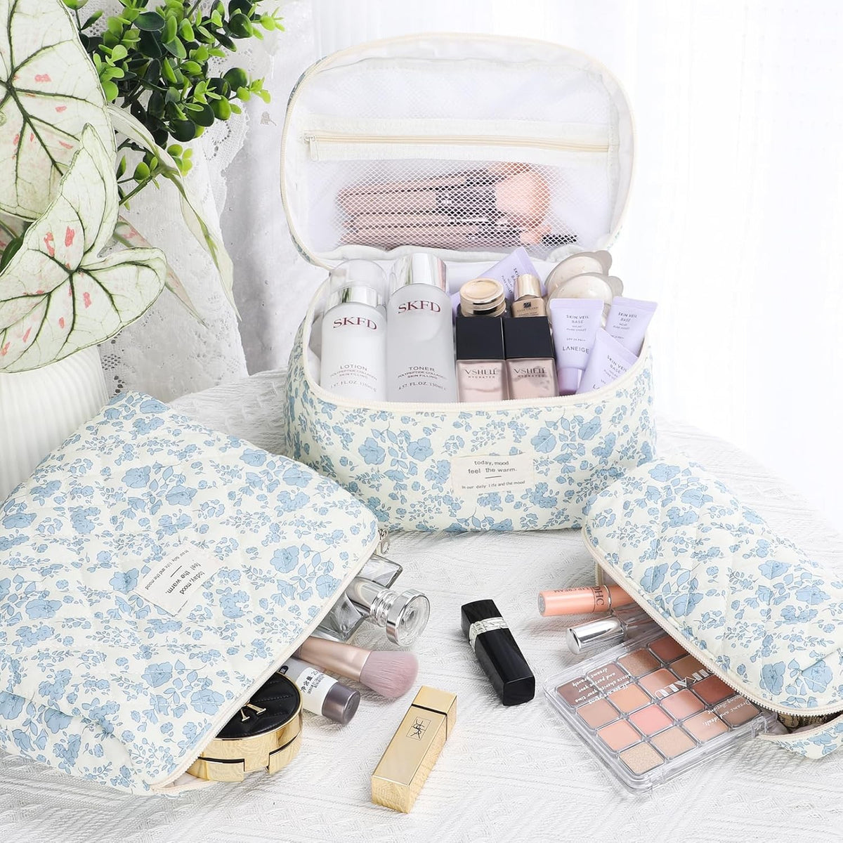 Large Floral Makeup Bag Set - Cotton Quilted Cosmetic Pouches for Women
