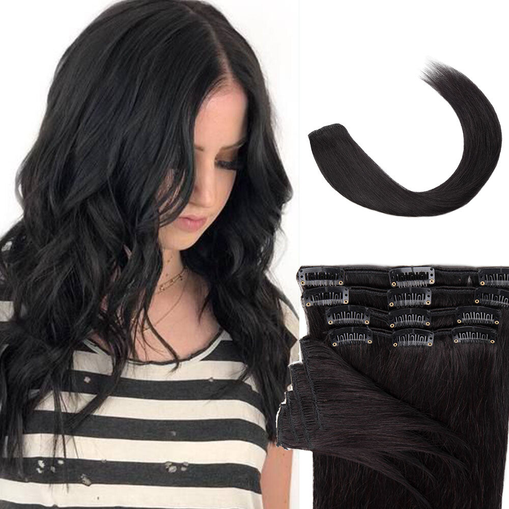 Clip-In Human Hair Extensions Full Head 8 Pieces Remy Hair for Volume & Length