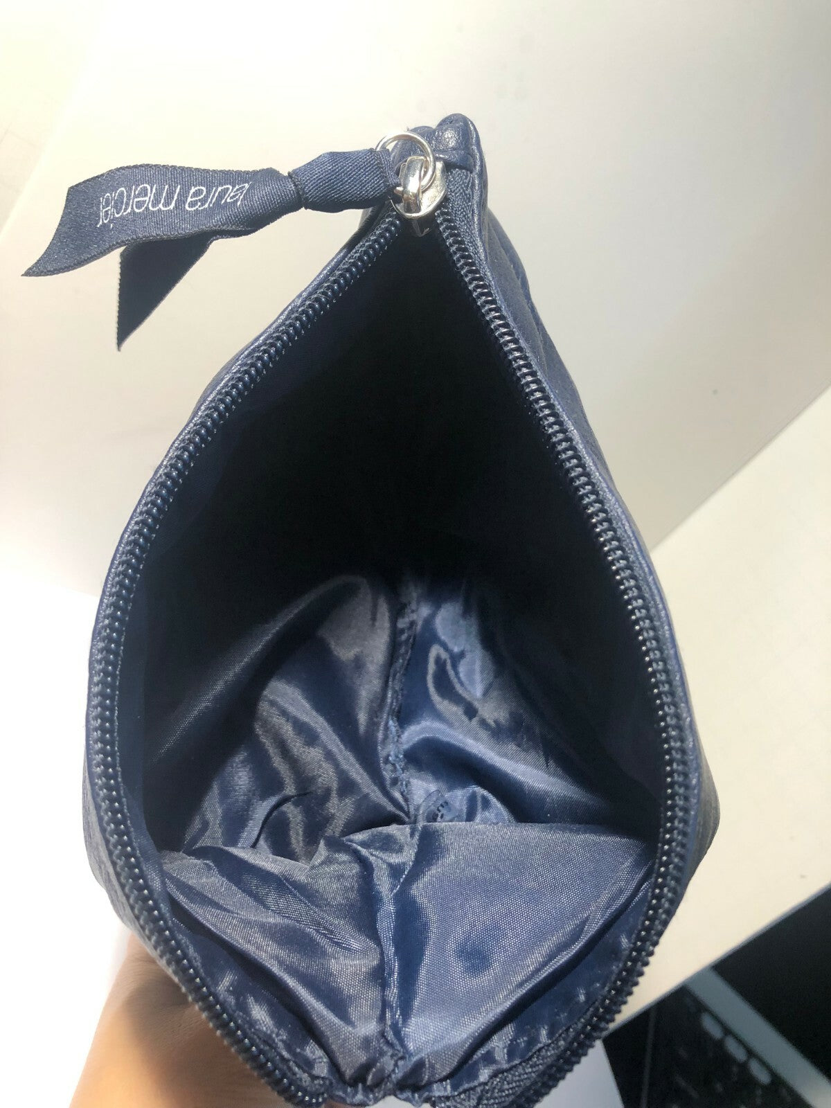 Blue Vegan Leather Makeup Bag with Wavy Textured Design - 8.5x6 Inches
