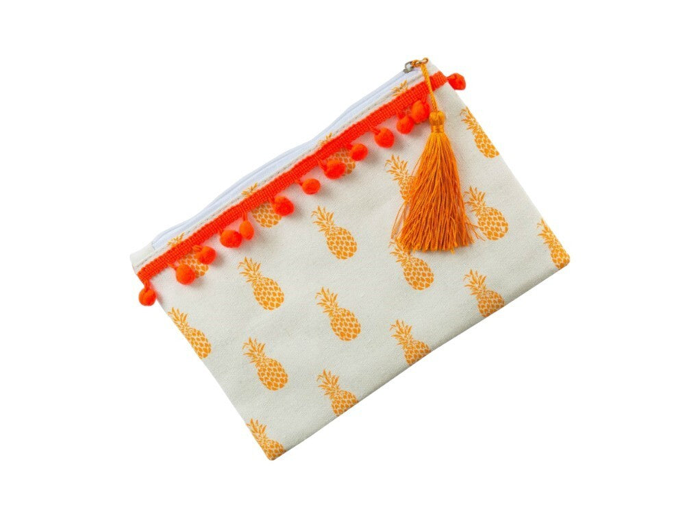 Orange Pineapple Canvas Pouch Bag - Carry All with Tassel, Makeup & Travel