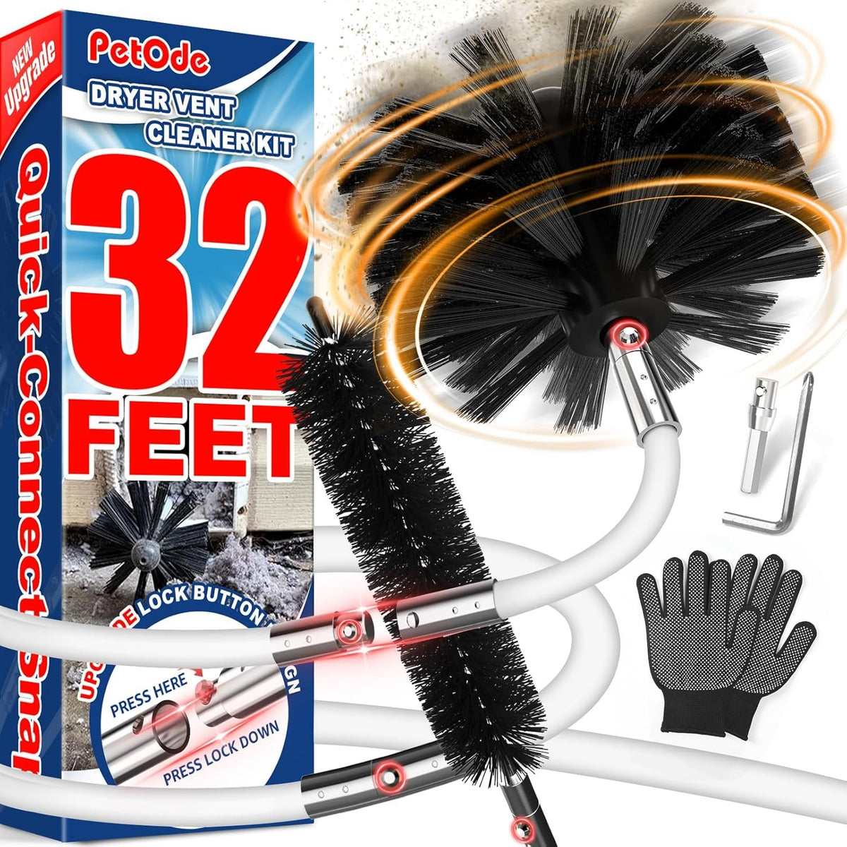 PetOde 32ft Dryer Vent Cleaning Kit with Flexible Quick Snap Brush