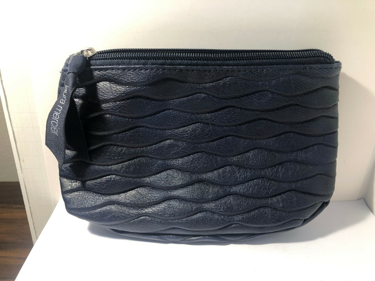 Blue Vegan Leather Makeup Bag with Wavy Textured Design - 8.5x6 Inches