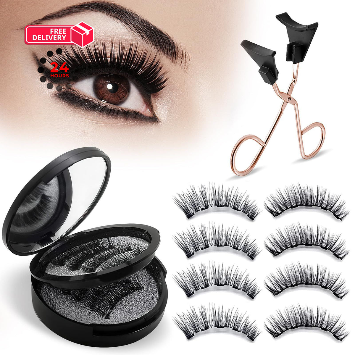 Magnetic False Eyelashes Set with Applicator - Reusable 4 Pairs, Natural Look
