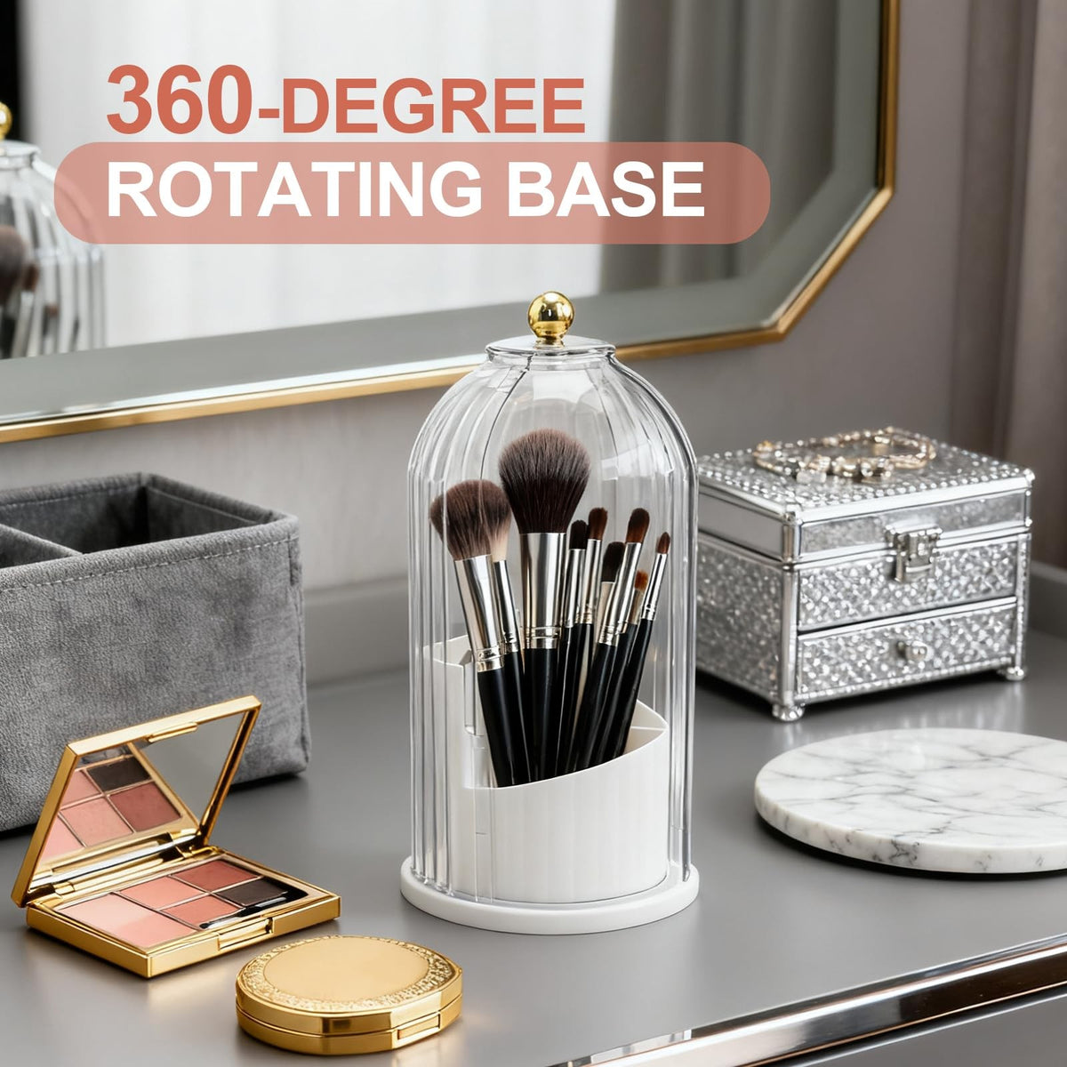 Rotating Makeup Brush Holder Organizer with Dustproof Lid - Transparent