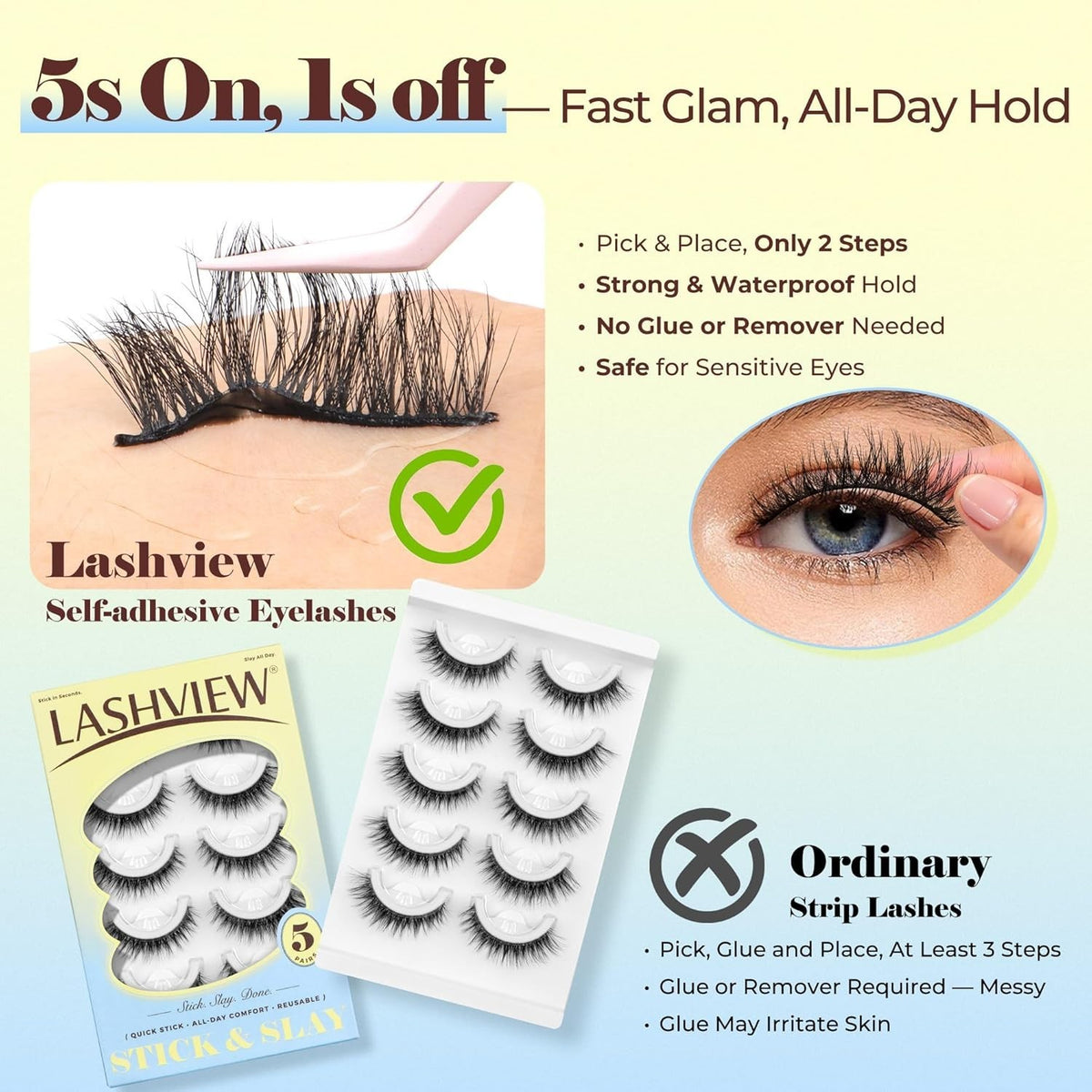 Self Adhesive False Eyelashes Natural Waterproof Reusable 5 Pairs