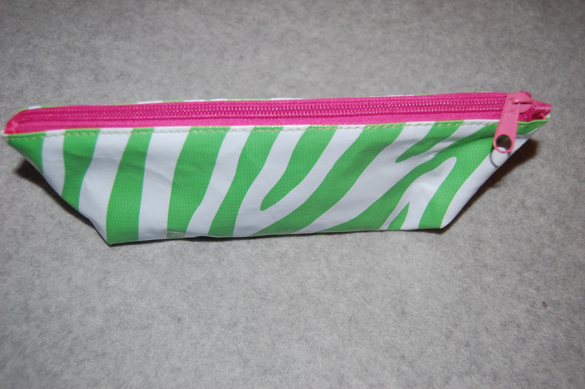 Zebra Print Cosmetic Bag 9 Inch Green & White Makeup Case with Zipper