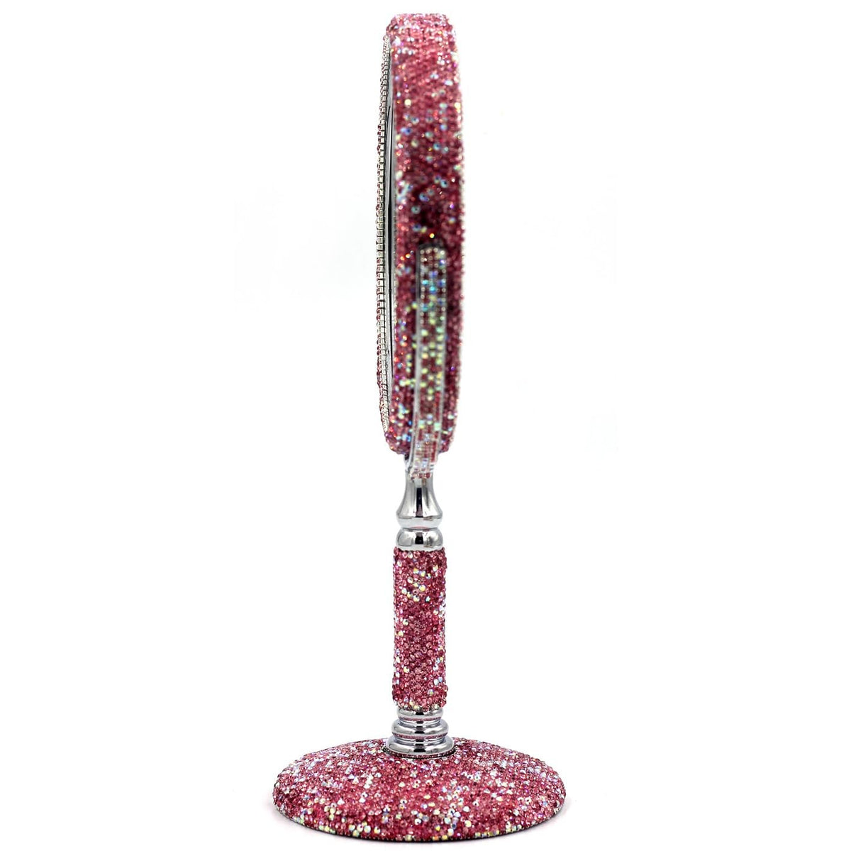 Pink Double-Sided Makeup Mirror with Rhinestones - 2X Magnification & Rotating