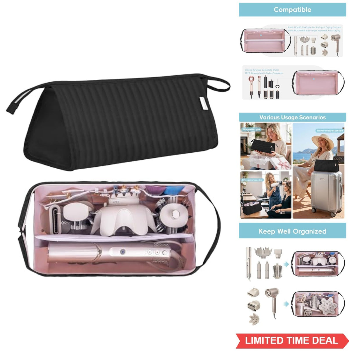 Travel Hair Dryer Case Nylon Organizer with Zipper and Removable Dividers