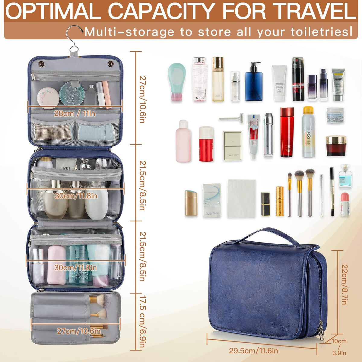 Men's Waterproof Travel Toiletry Bag with Hanging Hook and Multiple Compartments