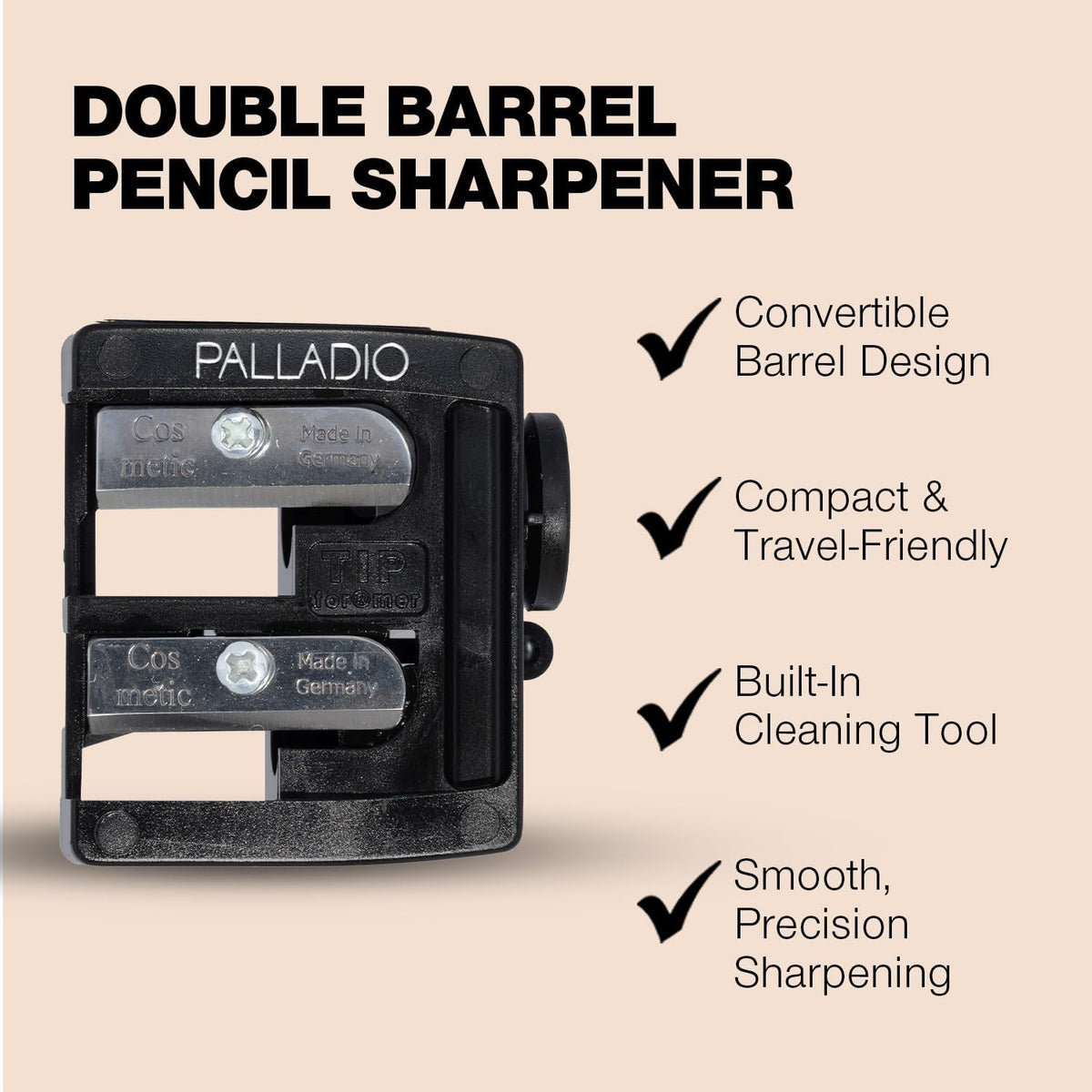 Double Barrel 3-in-1 Cosmetic Pencil Sharpener with Cover - Stainless Steel