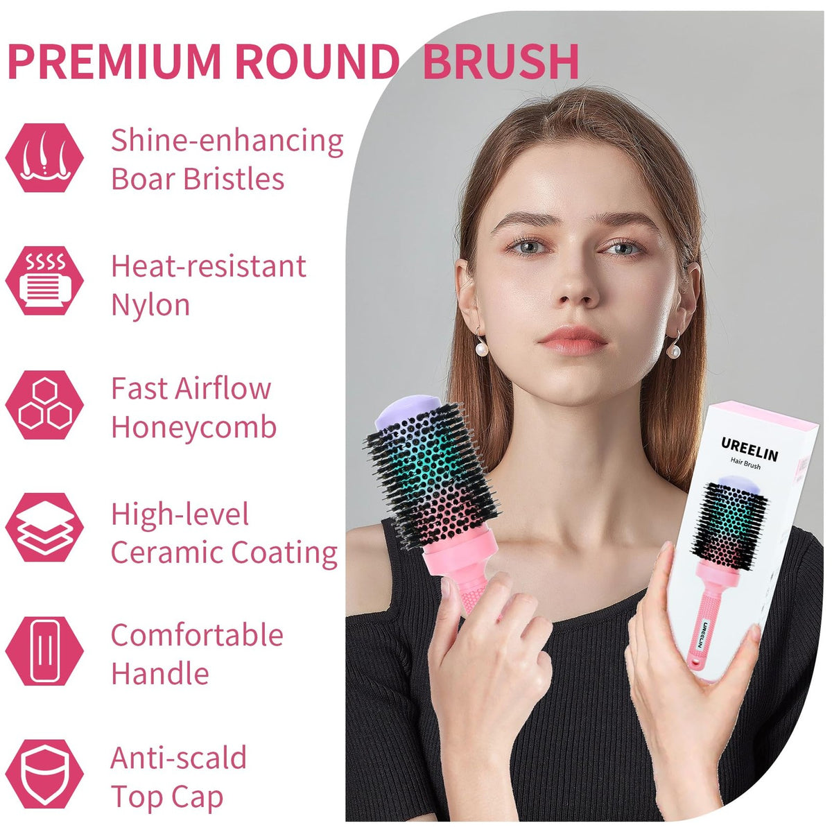 Round Hair Brush 53mm 2.1 Inch with Ionic Technology & Dual Bristles