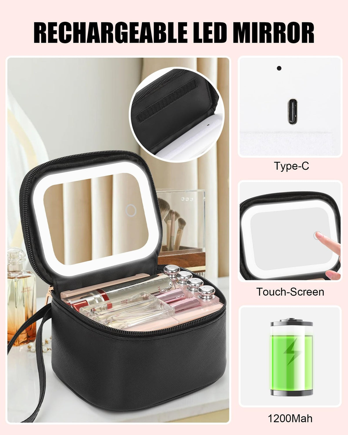 Mini Makeup Bag with LED Mirror - Water-Resistant Travel Cosmetic Organizer for Women and Girls