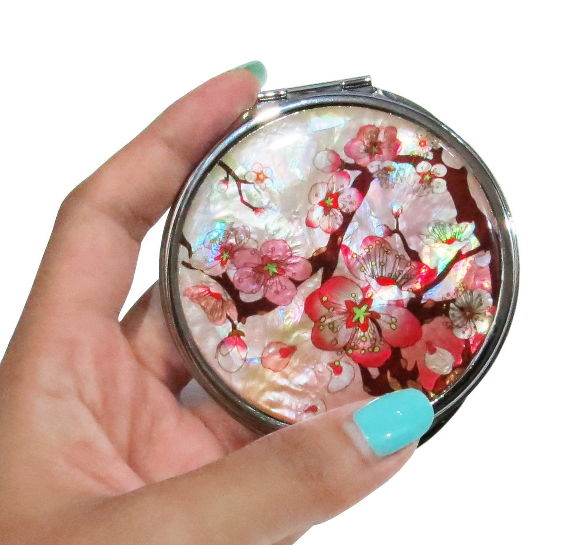 Pink Compact Folding Makeup Mirror with Magnification and Apricot Tree Flower Design