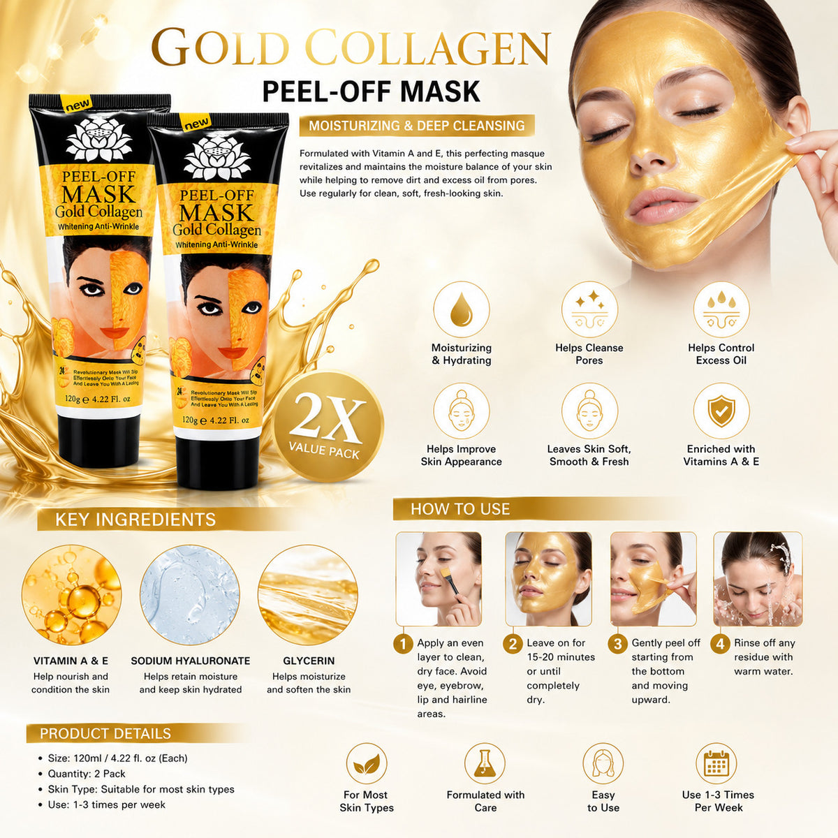 Gold Collagen Peel-Off Facial Mask - 2 Pack, 120ml