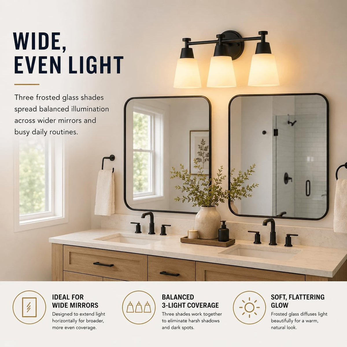Modern Matte Black 3-Light Bathroom Vanity Light with Frosted Glass
