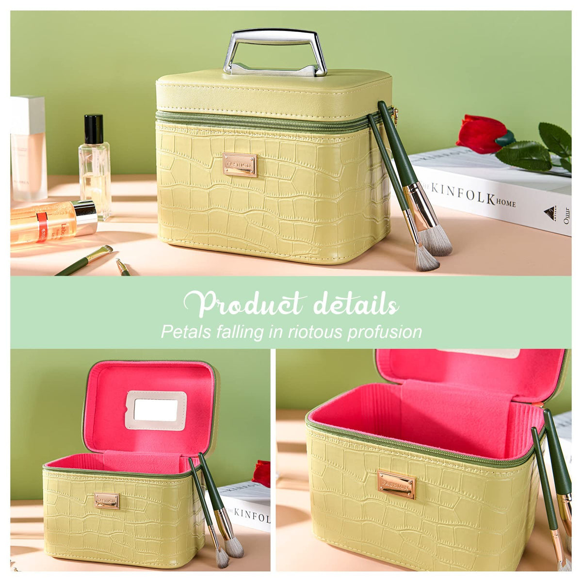 Portable Leather Makeup Train Case with Mirror for Women - Green