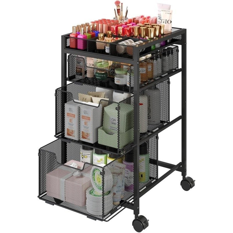 3-Drawer Rolling Makeup Organizer Cart with Dividers - Black