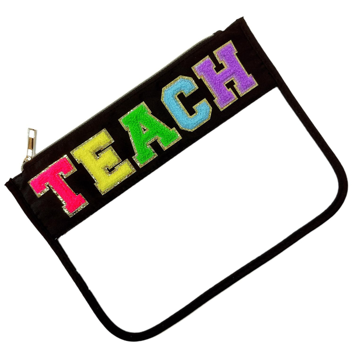 Clear Makeup Pouch with Chenille Letter Patches - Zipper Travel Bag for Women (Teach-Black)
