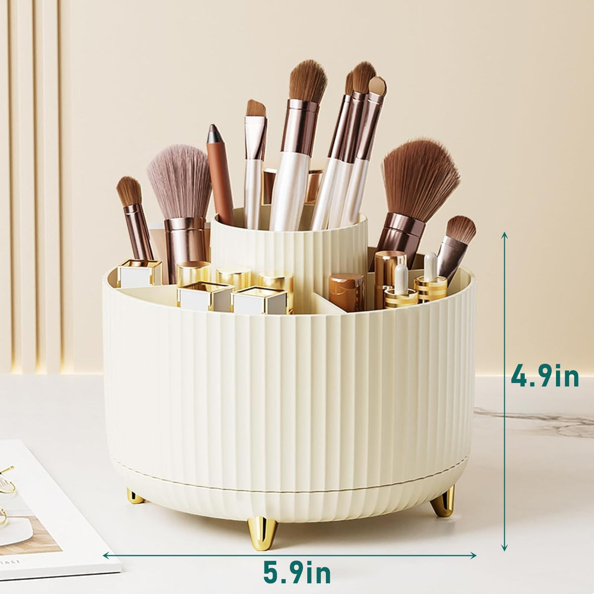 360° Rotating Makeup Brush Organizer Cup with 5 Slots - Vanity Storage