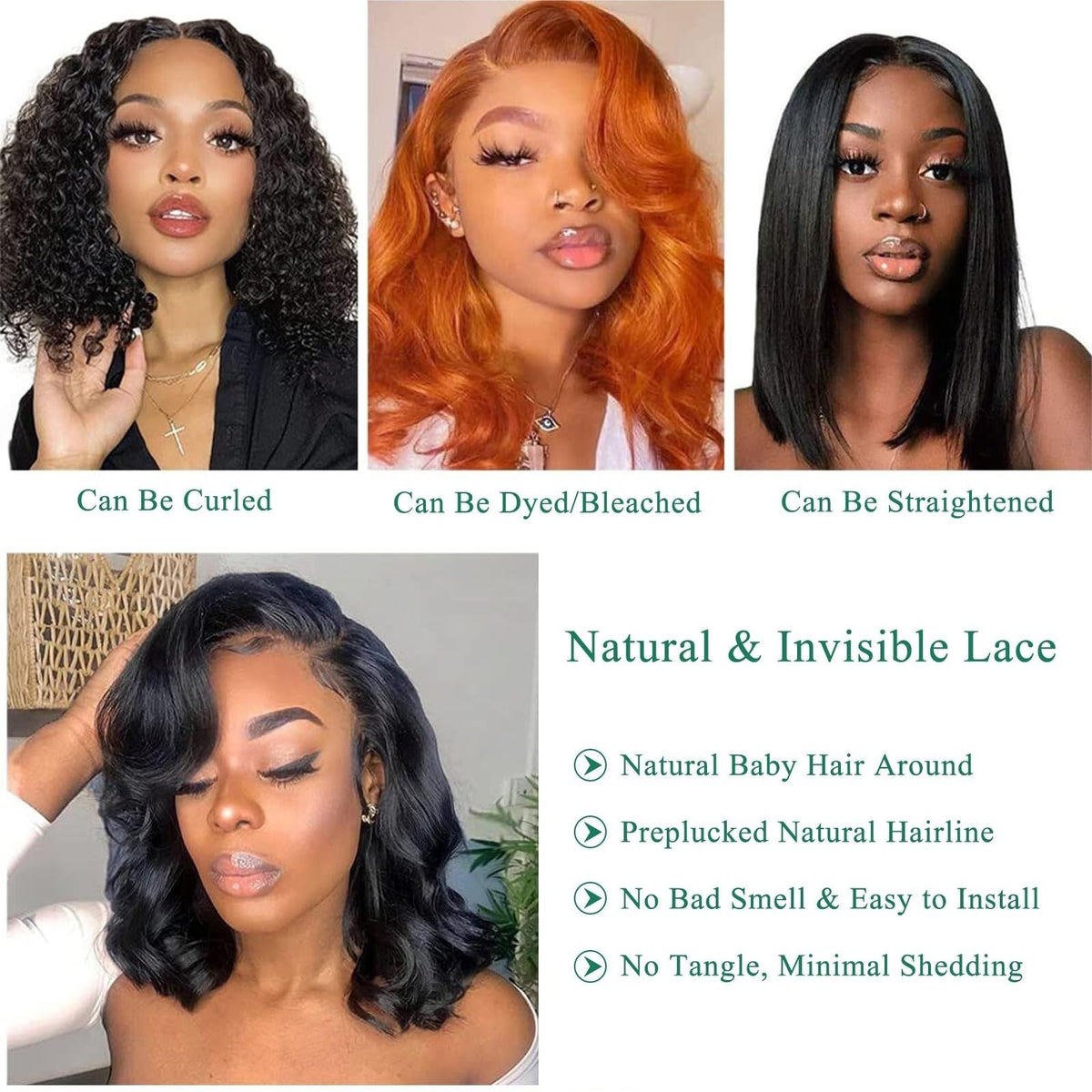14-Inch Glueless Brazilian Human Hair Bob Wig - Natural Black Wavy Lace Front
