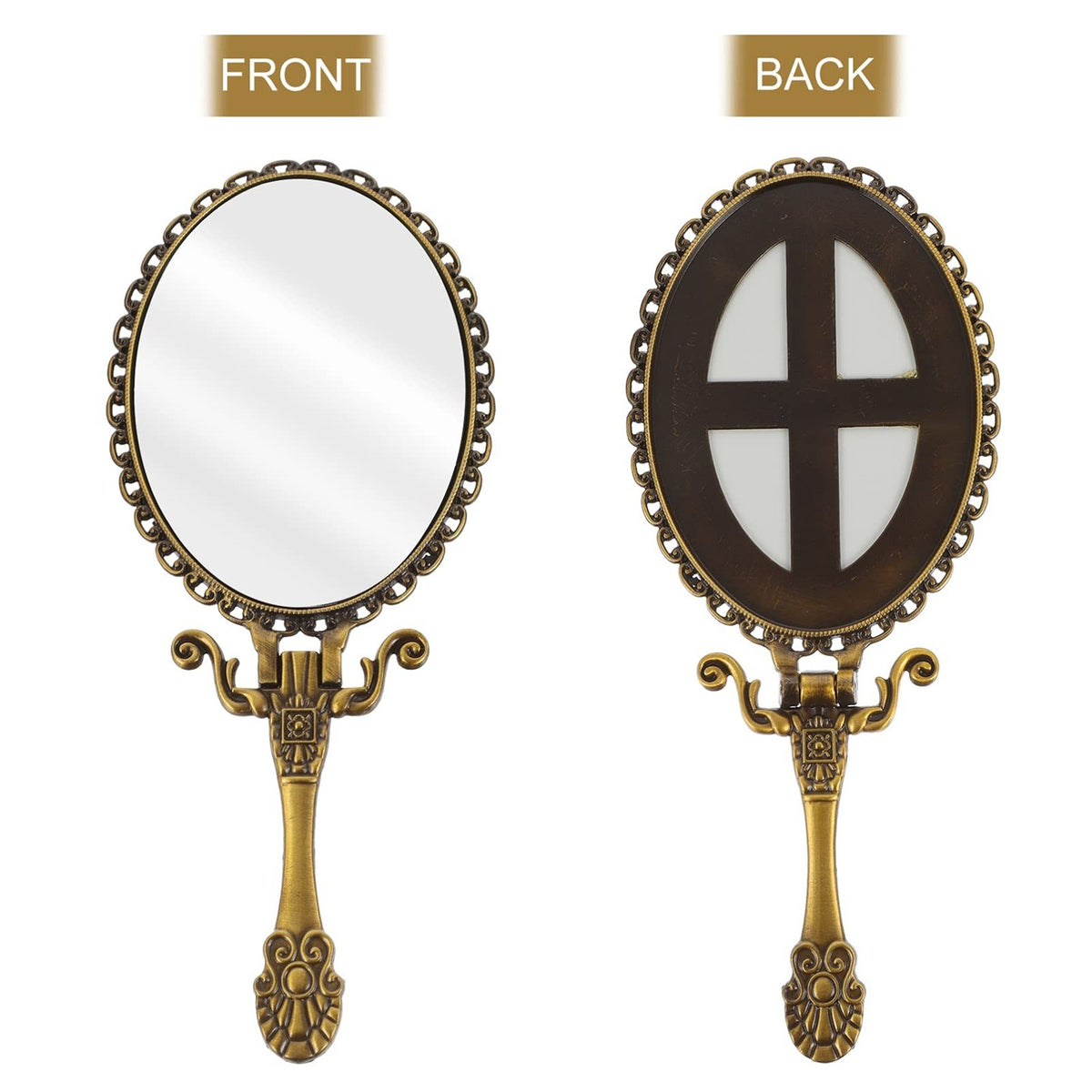 Vintage Foldable Handheld Mirror - Metal Makeup & Travel Mirror, Oval, Coffee