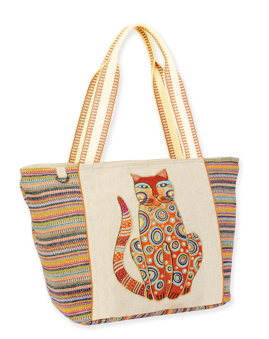 Rainbow Stripes Canvas Shoulder Tote Bag with Cat Applique - 17 Inch