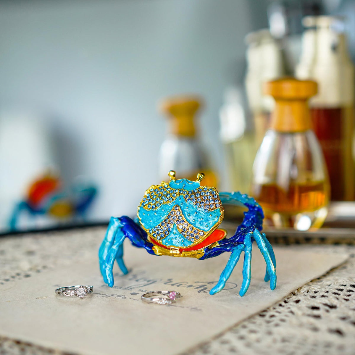 Crab Jewelry Trinket Box with Rhinestones, Decorative Animal Jewelry Storage