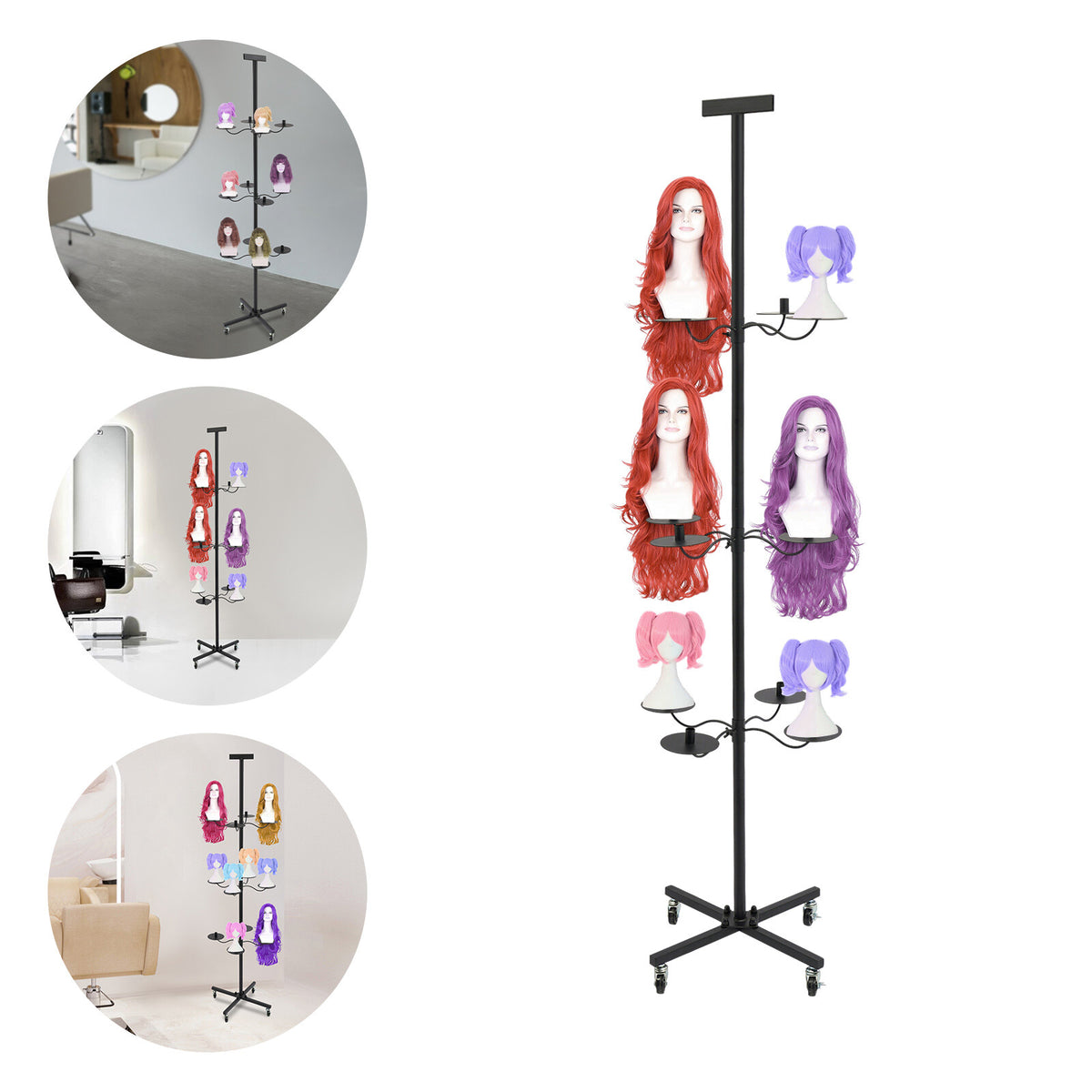 12-Wig Capacity Display & Storage Rack with Rotating Tiers - Black