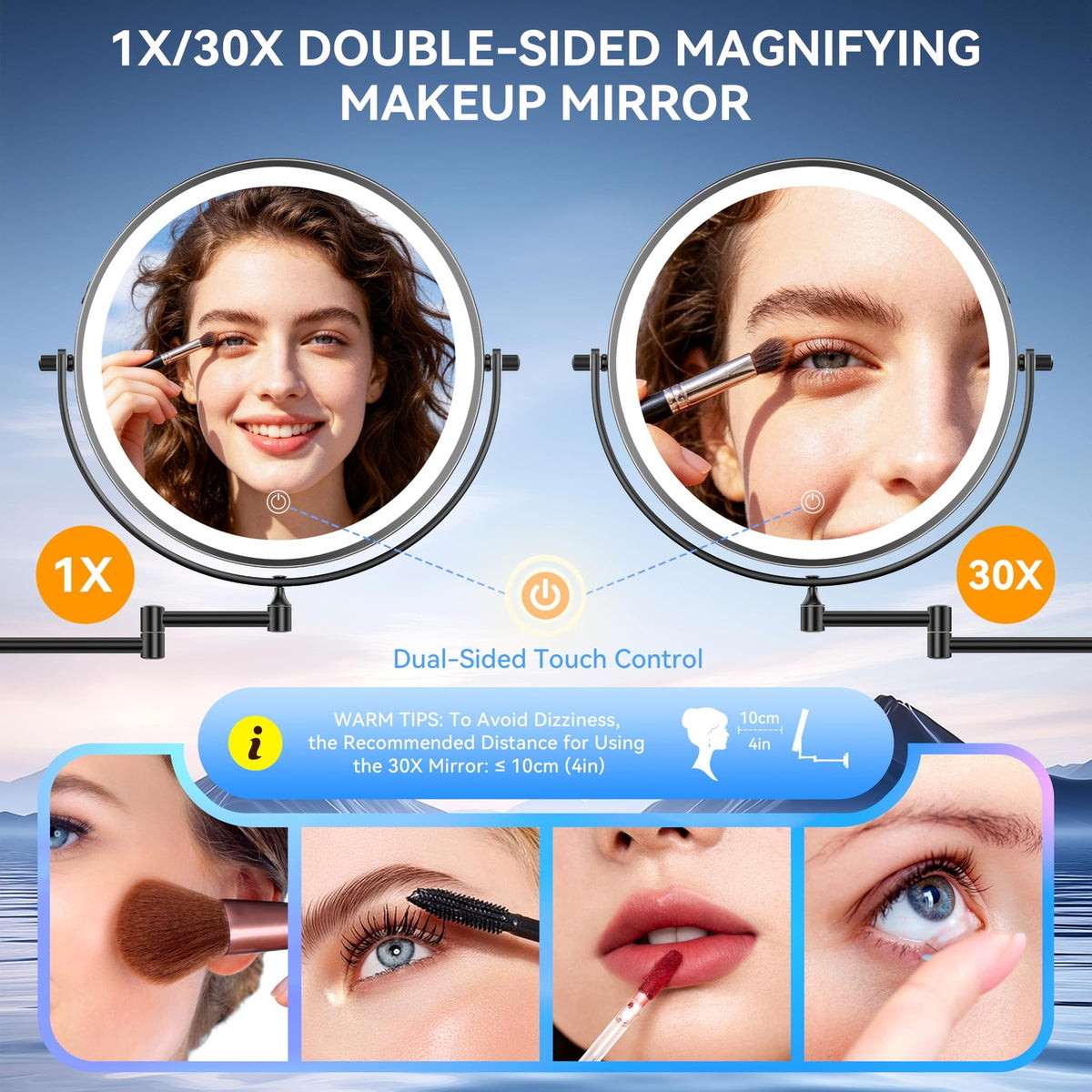 Wall Mounted Lighted Magnifying Makeup Mirror with 30X Zoom, 9 Inch, 360° Rotatable with Bright LED Lighting