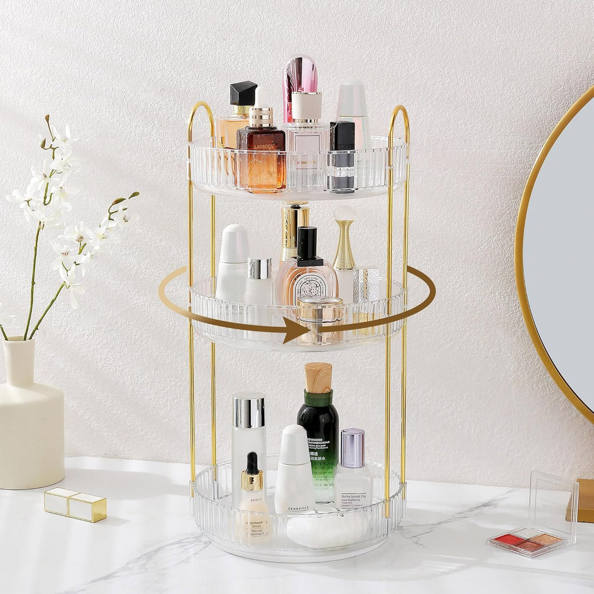 Rotating Makeup Organizer for Vanity - 3 Tier Perfume & Skincare Storage
