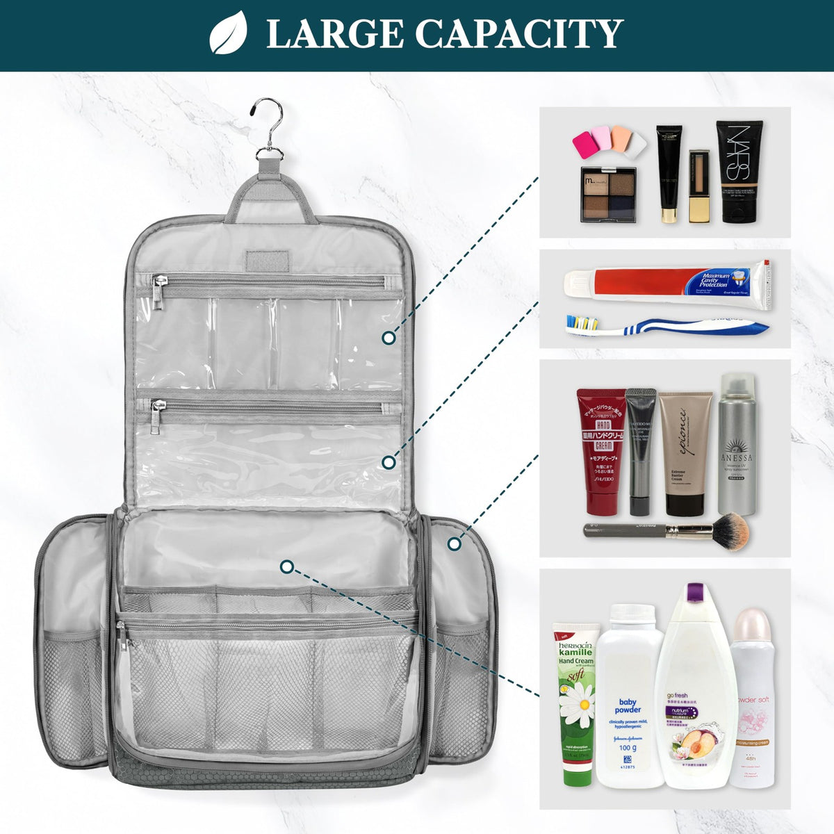 Large Hanging Toiletry Bag with 10 Compartments Waterproof Travel Organizer - Men Women Gray