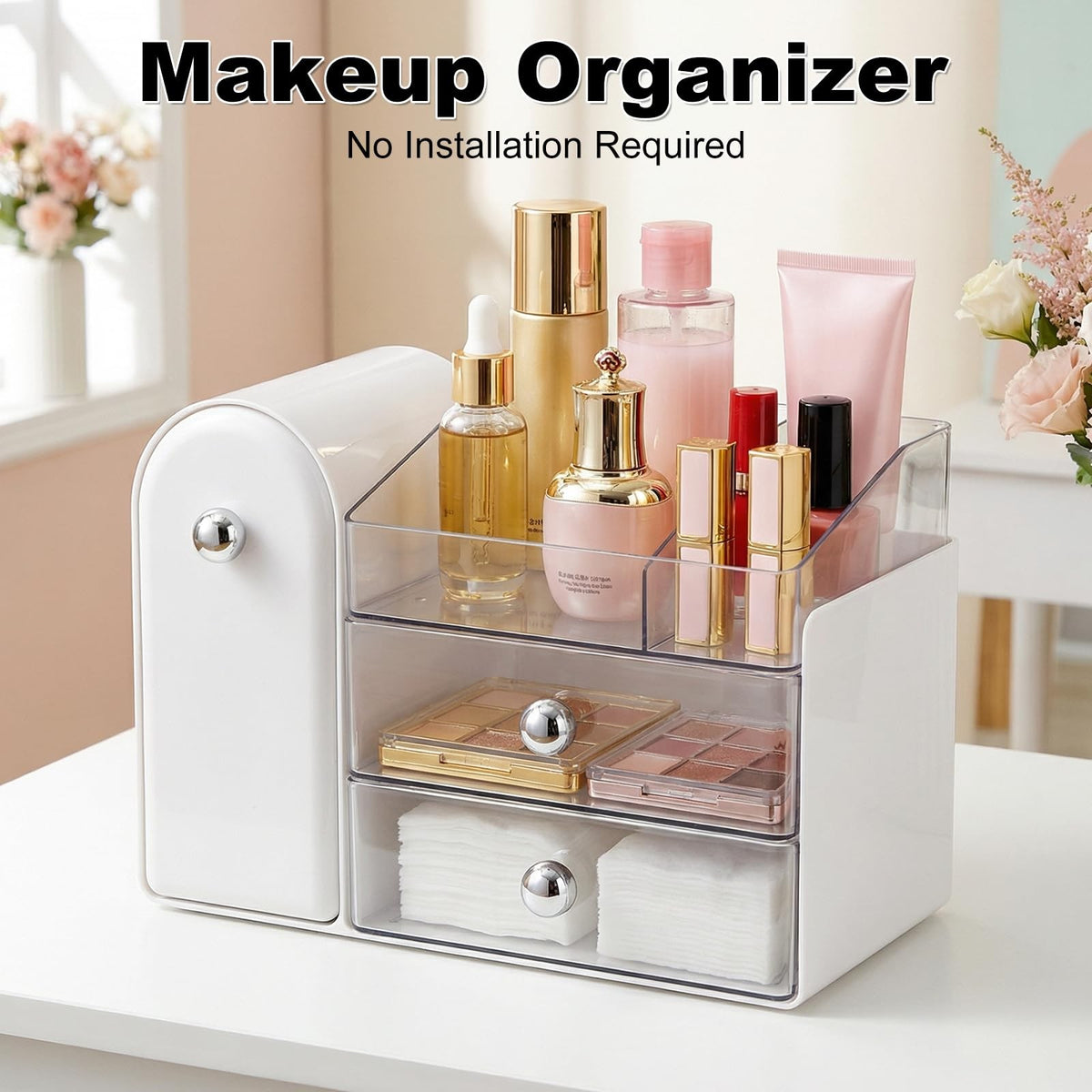 Large Makeup Organizer with Brush Holder, Vanity Storage Box