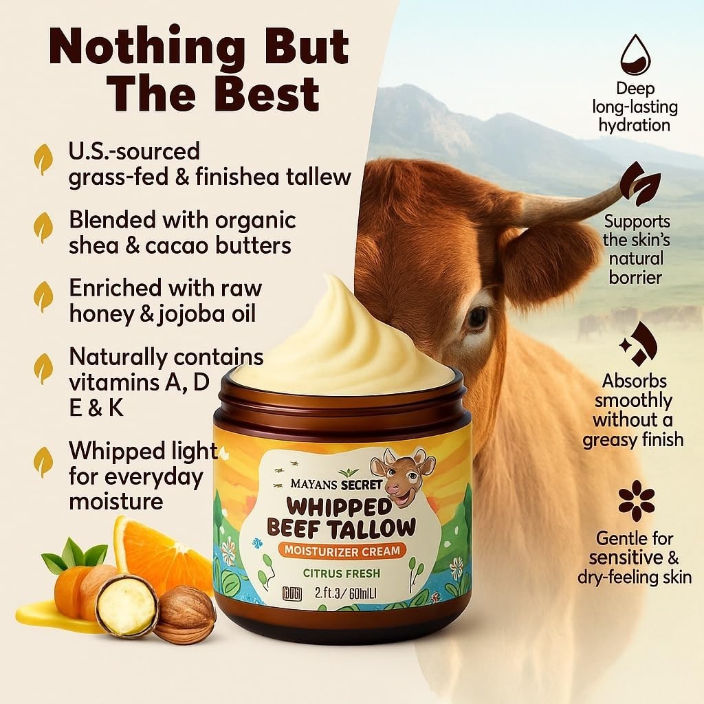 Whipped Beef Tallow Moisturizer – Grass Fed with Honey & Cocoa Butter