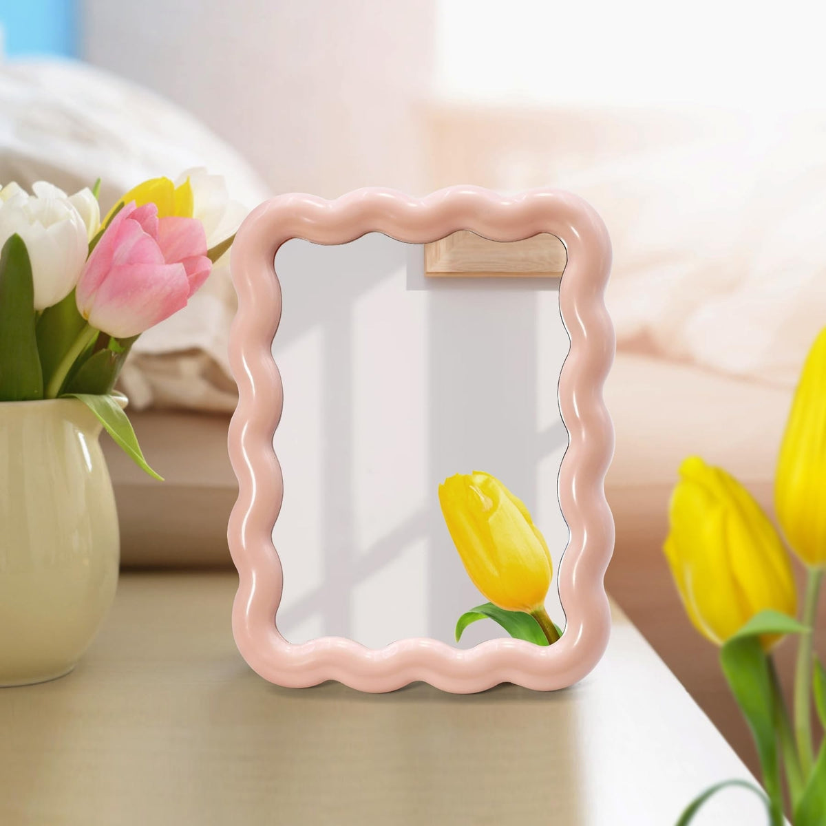 Wave-Shaped Desk Vanity Mirror - Portable Foldable Tabletop Makeup Mirror, Pink