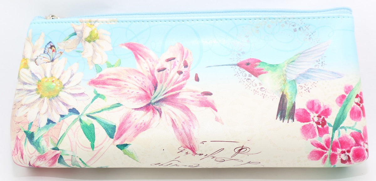 Women's Floral Hummingbird Cosmetic Pouch - Faux Leather Travel Case