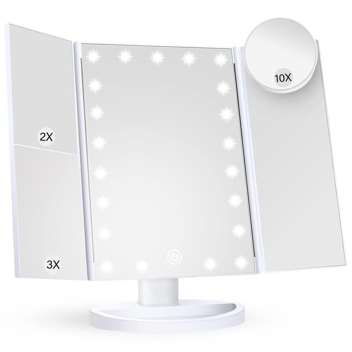 Trifold LED Makeup Mirror with 10X & 3X Magnification, Adjustable Brightness